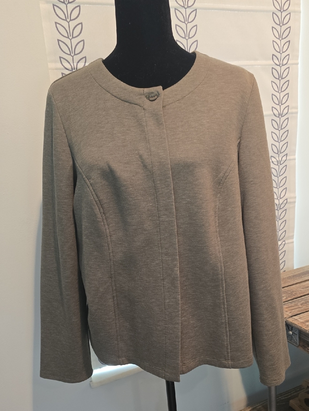 Chico's Gray with a hint of olive green, one button jacket with flower lining